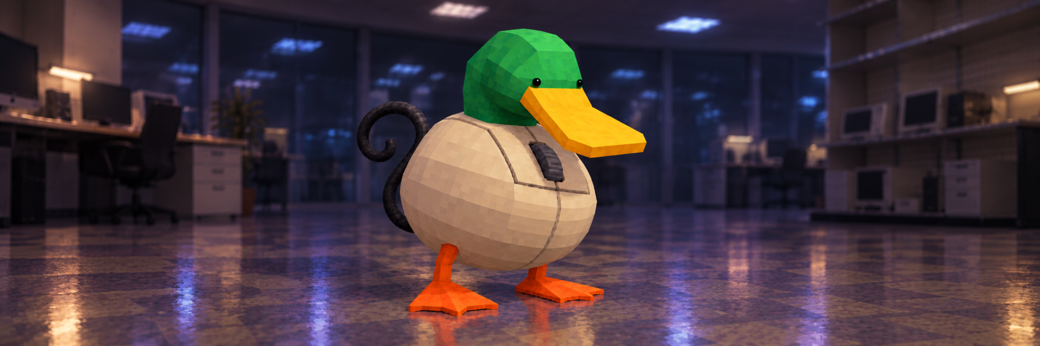 mouseduck standing in a modern office at night